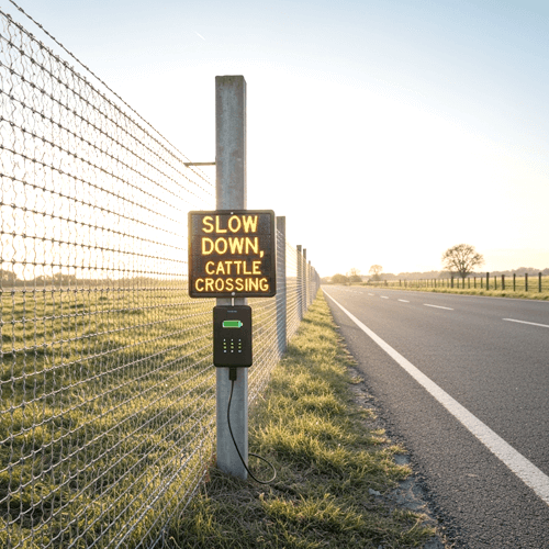 solar wire mesh fence that activates a signage on the edge of the road. 